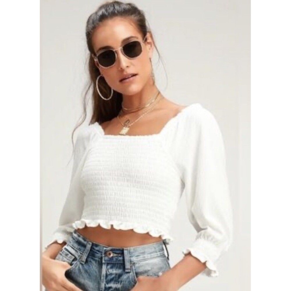 Free People Size M Brenyce Ivory Smocked Crop Off the Shoulder puff sleeve Top